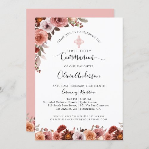 Girl First Communion Blush Pink Floral Invitation