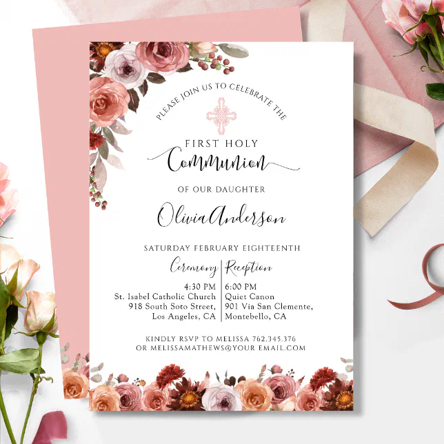 Girl First Communion Blush Pink Floral Invitation | Zazzle