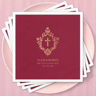 Girl First Communion Burgundy Elegant Gold Crest Napkins