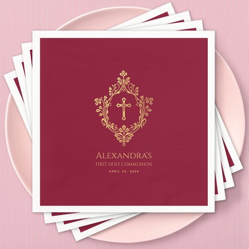 Girl First Communion Burgundy Elegant Gold Crest 