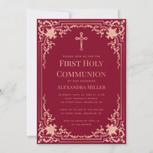 Girl First Communion Burgundy Pink Rose Gold Cross Invitation