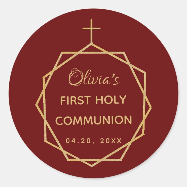 Girl First Communion Burgundy Red Gold Modern Classic Round Sticker (Front)