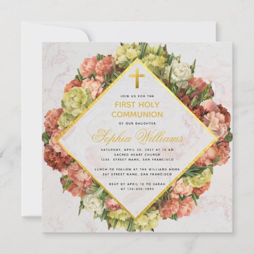 Girl First Communion Carnations Gold Cross Floral Invitation