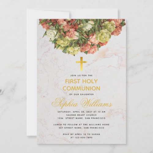 Girl First Communion Carnations Marble Calligraphy Invitation