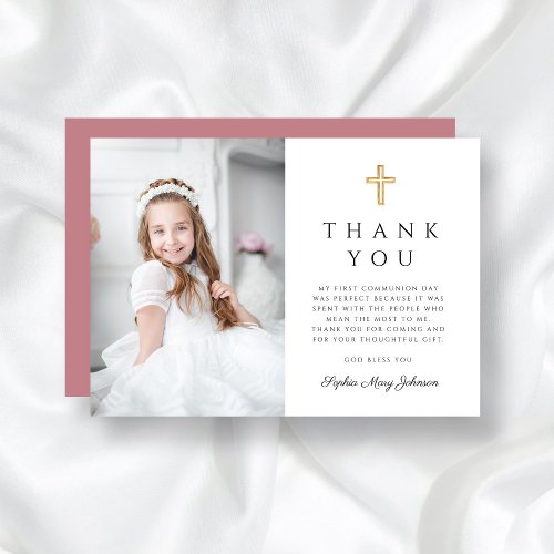 Girl First Communion Dusty Rose Cross Photo Thank You Card