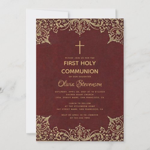 Girl First Communion Elegant Burgundy Gold Vintage Invitation