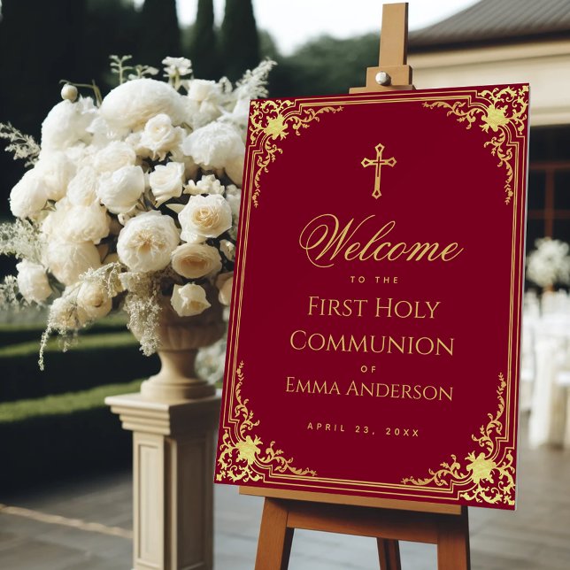 Girl First Communion Elegant Burgundy Gold Welcome Foam Board (Creator Uploaded)