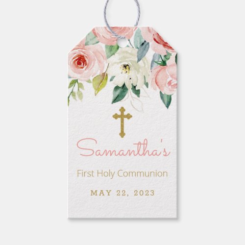 Girl First Communion Favor tag Floral Blush Pink