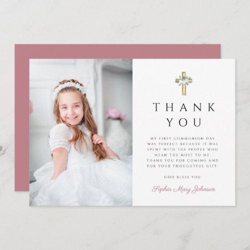 Girl First Communion Floral Cross Photo Thank You Card