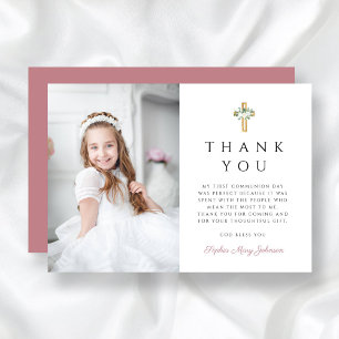 Girl First Communion Floral Cross Photo Thank You Card