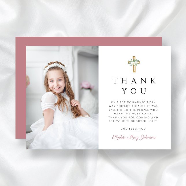 Girl First Communion Floral Cross Photo Thank You Card (Girl First Communion Floral Cross Photo Thank You Card)