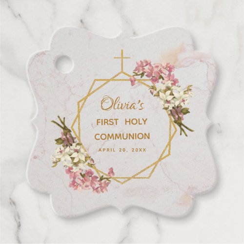 Girl First Communion Floral Gold Pink Orchids Favor Tags