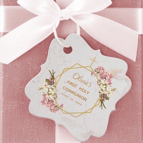 Girl First Communion Floral Gold Pink Orchids Favor Tags