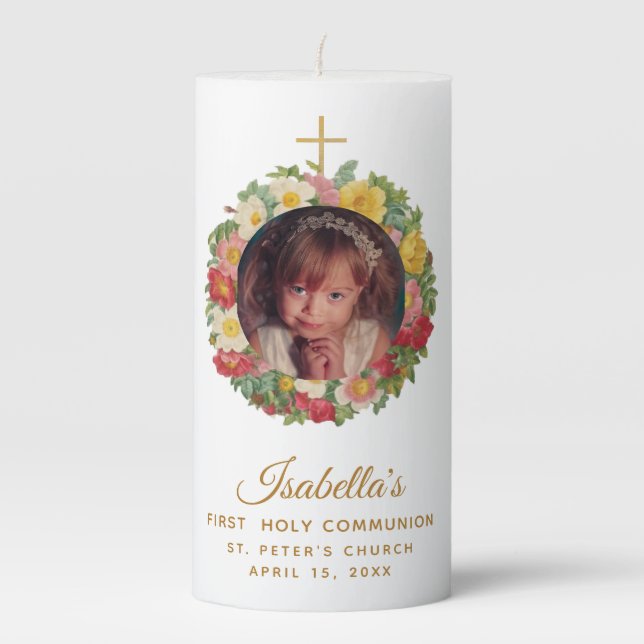 Girl First Communion Floral Photo in Rose Wreath Pillar Candle (Front)