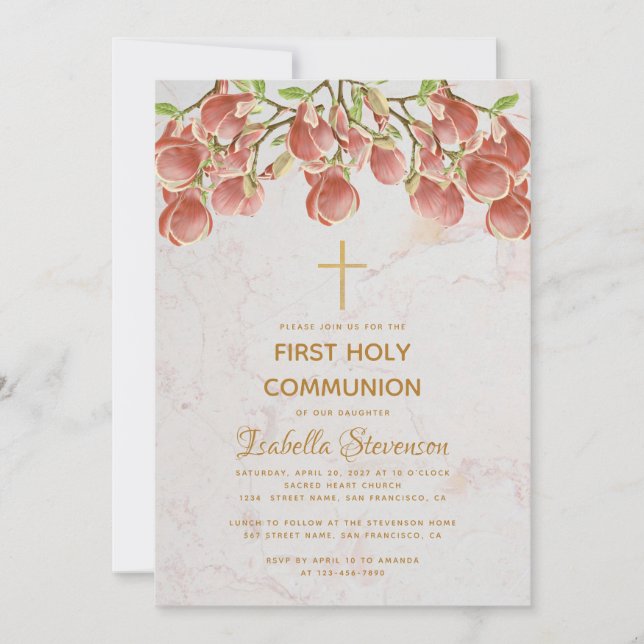 Girl First Communion Floral Pink Magnolia Marble  Invitation (Front)