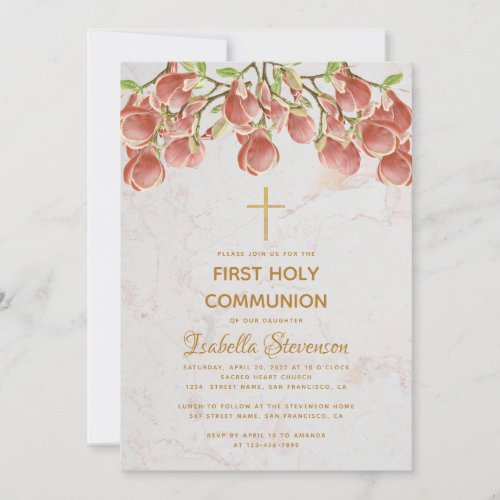 Girl First Communion Floral Pink Magnolia Marble  Invitation
