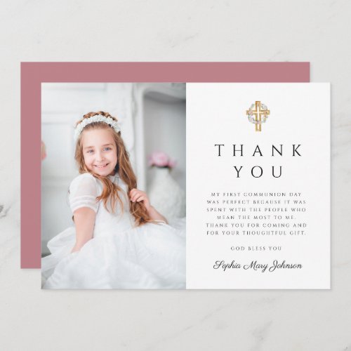 Girl First Communion Floral Wreath Cross Photo Thank You Card