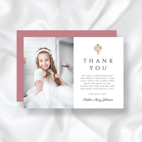 Girl First Communion Floral Wreath Cross Photo Thank You Card