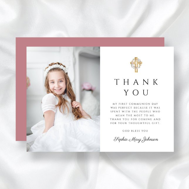 Girl First Communion Floral Wreath Cross Photo Thank You Card (Girl First Communion Floral Wreath Cross Photo Thank You Card)