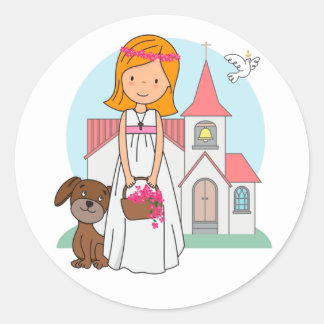 Girl First Communion Flores Classic Round Sticker