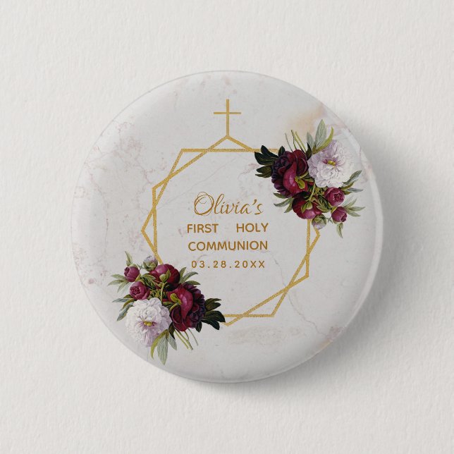 Girl First Communion Gold Burgundy Peonies Marble Button (Front)