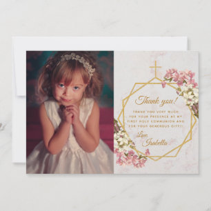 Girl First Communion Gold Cross Marble Pink Orchid Thank You Card