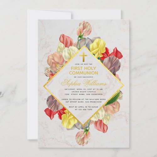 Girl First Communion Gold Marble Sweet Peas Floral Invitation
