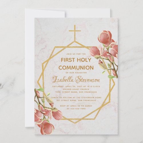 Girl First Communion Gold Pink Magnolia Marble Invitation