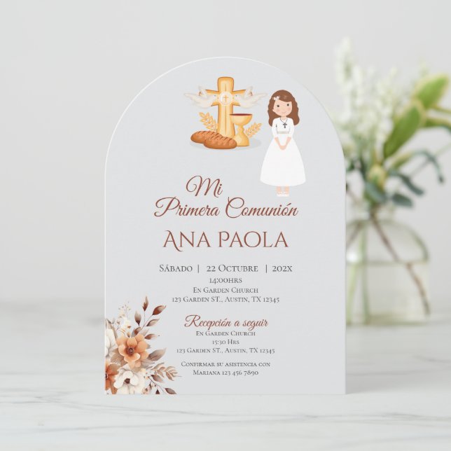 Girl First Communion Invitation in Spanish Boho (Standing Front)