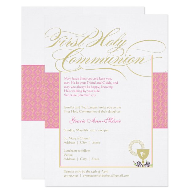 Girl First Communion Invitation - Pink 5 X 7