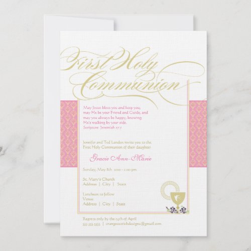 Girl First Communion Invitation - Pink 5 x 7