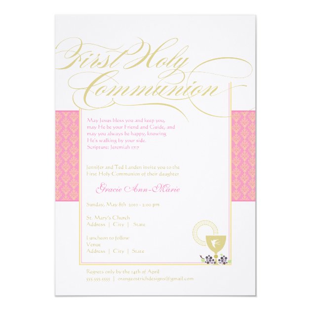 Girl First Communion Invitation - Pink 5 X 7
