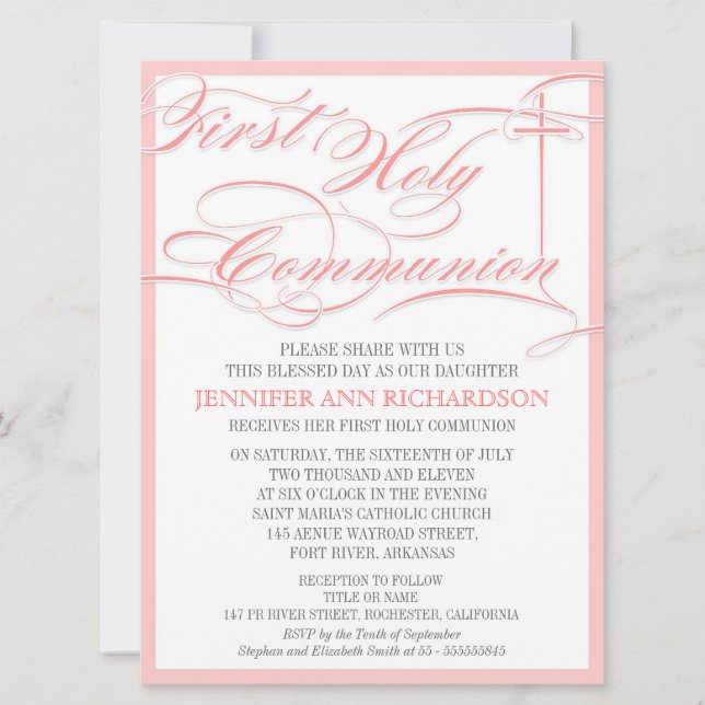 Girl First Communion Invitation - Pink & Modern (Front)