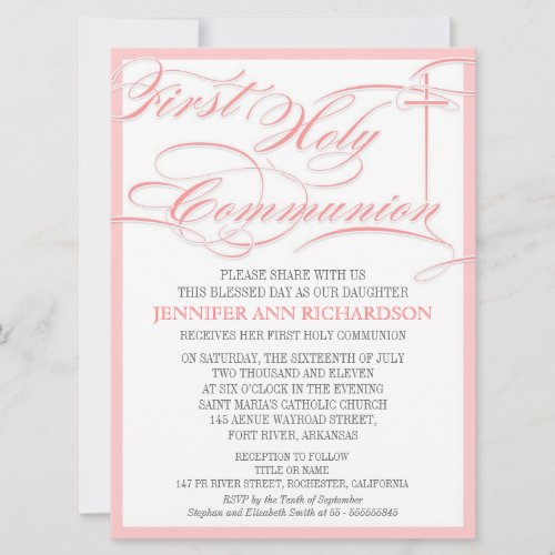 Girl First Communion Invitation - Pink &amp; Modern