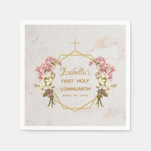 Girl First Communion Marble Gold Cross Pink Orchid Napkins