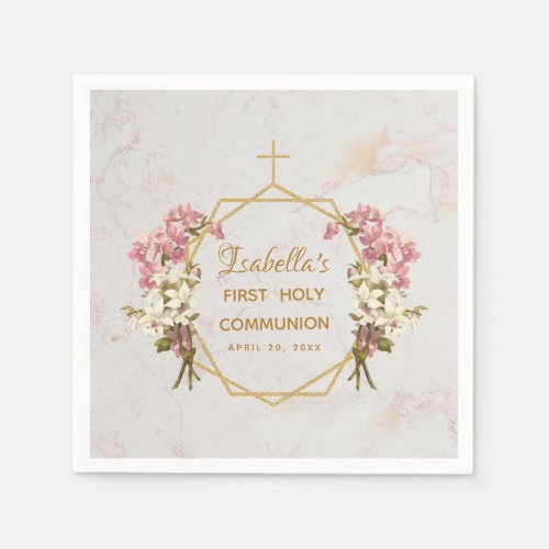 Girl First Communion Marble Gold Cross Pink Orchid Napkins
