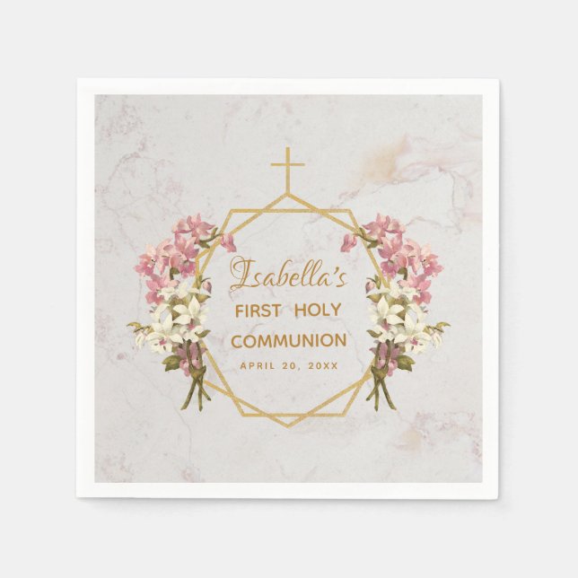 Girl First Communion Marble Gold Cross Pink Orchid Napkins (Front)