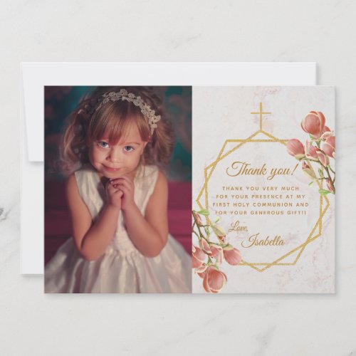 Girl First Communion Marble Gold Pink Magnolia Thank You Card