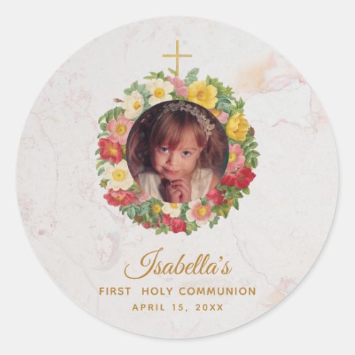 Girl First Communion Marble Photo in Rose Wreath Classic Round Sticker