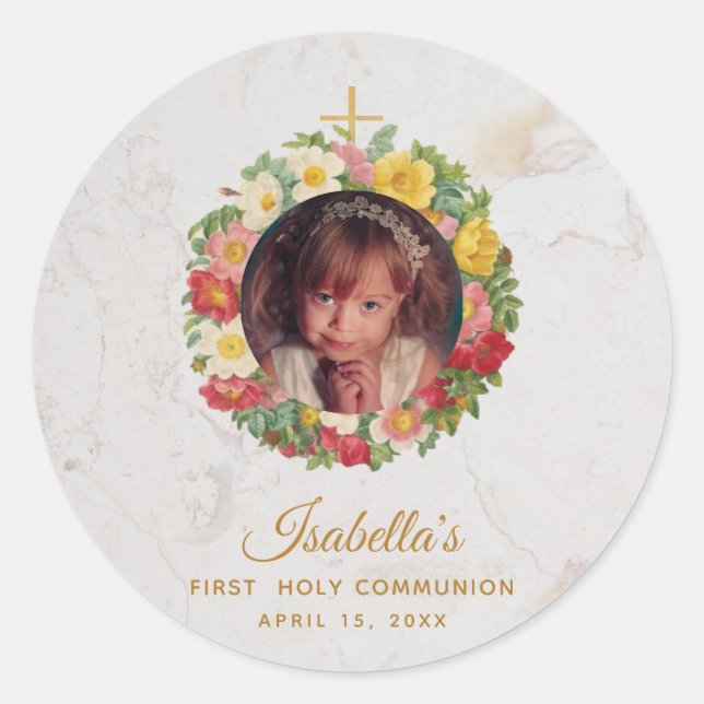 Girl First Communion Marble Photo in Rose Wreath Classic Round Sticker (Front)