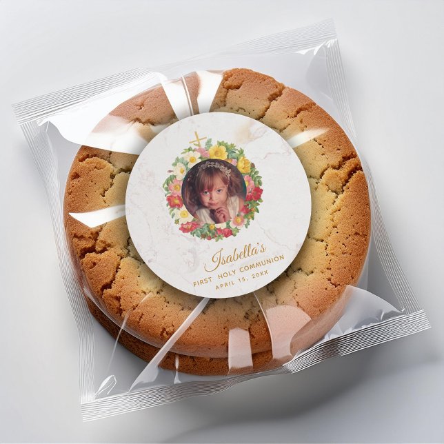 Girl First Communion Marble Photo in Rose Wreath Classic Round Sticker (Creator Uploaded)