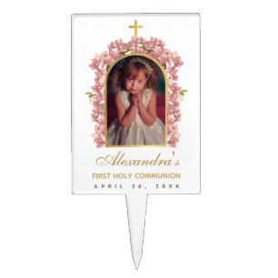 Girl First Communion Photo Floral Arch Pink Orchid Cake Topper