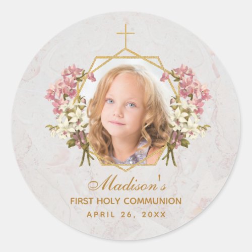 Girl First Communion Photo Floral Pink Orchid Gold Classic Round Sticker