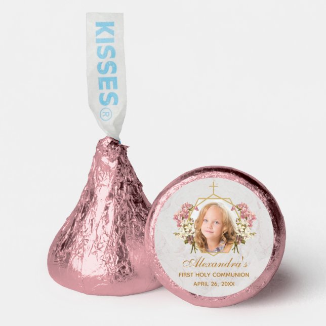 Girl First Communion Photo Floral Pink Orchid Gold Hershey®'s Kisses® (Front)