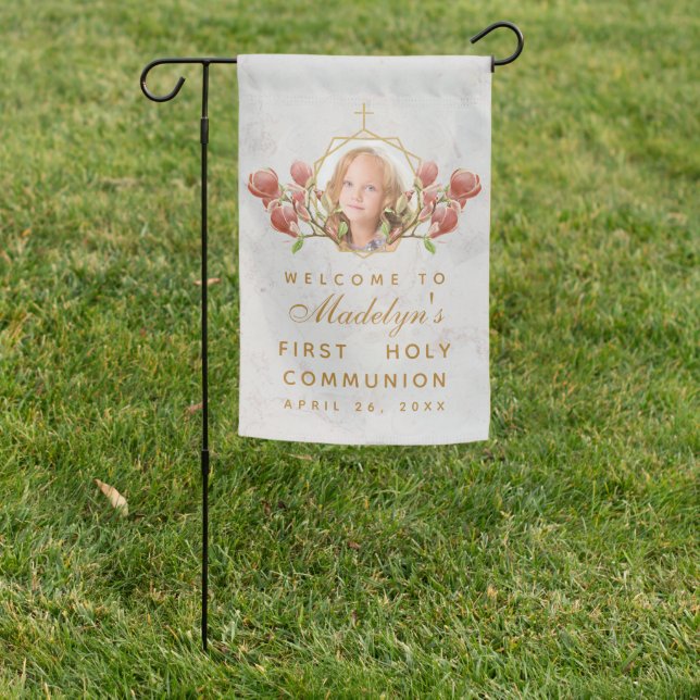 Girl First Communion Photo Floral Pink Orchids Garden Flag (In SItu)