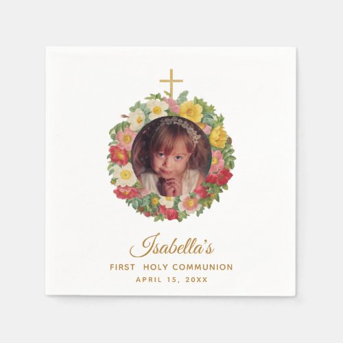 Girl First Communion Photo in Rose Wreath Floral Napkins