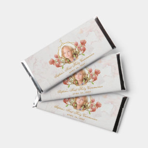 Girl First Communion Photo Marble Pink Magnolia Hershey Bar Favors