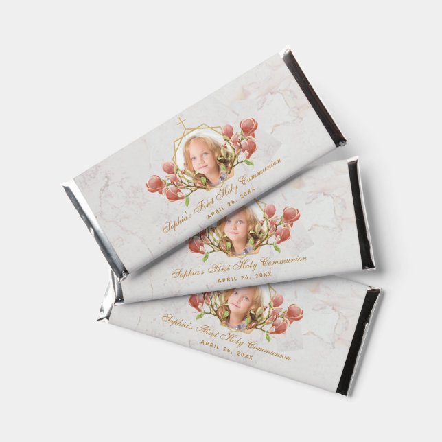  Girl First Communion Photo Marble Pink Magnolia Hershey Bar Favors (Front)