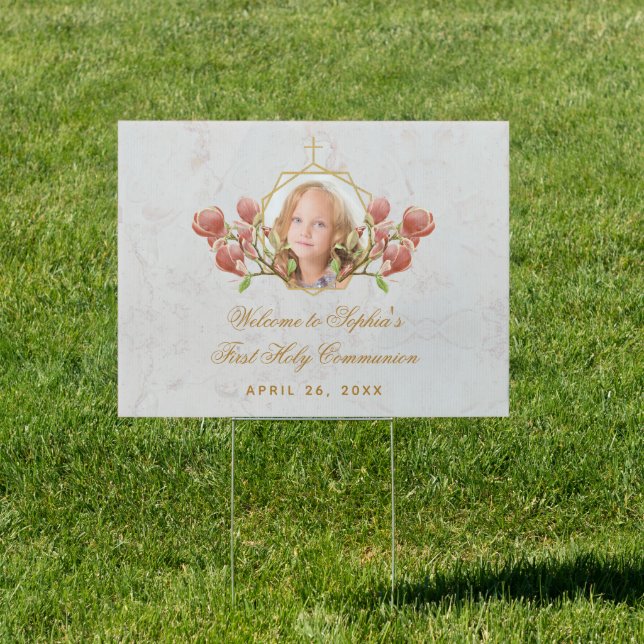 Girl First Communion Photo Marble Pink Magnolia Sign (Insitu)