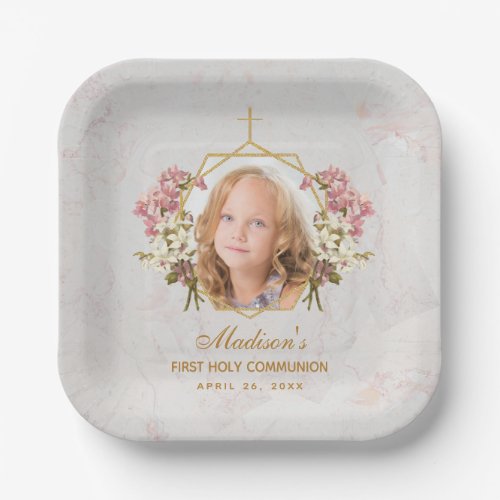 Girl First Communion Photo Marble Pink Orchid Gold Paper Plates
